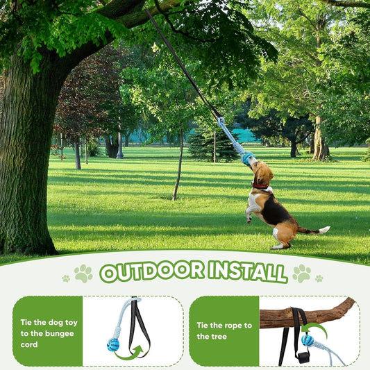 Beagle tugging a TugTough bungee tug toy hung from a tree branch at chest height, with a diagram of how the strap loops around the branch