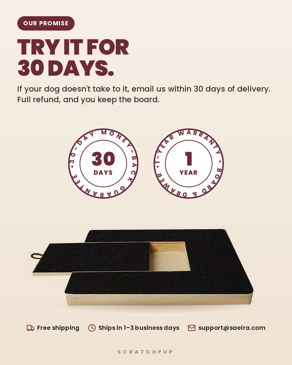 ScratchPup 30-day money-back guarantee and 1-year warranty